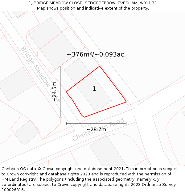 1, BRIDGE MEADOW CLOSE, SEDGEBERROW, EVESHAM, WR11 7FJ: Plot and title map