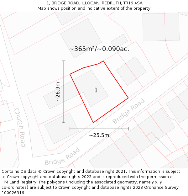 1, BRIDGE ROAD, ILLOGAN, REDRUTH, TR16 4SA: Plot and title map
