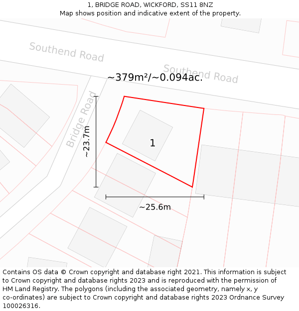 1, BRIDGE ROAD, WICKFORD, SS11 8NZ: Plot and title map