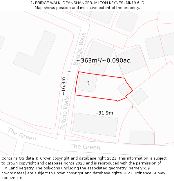 1, BRIDGE WALK, DEANSHANGER, MILTON KEYNES, MK19 6LD: Plot and title map