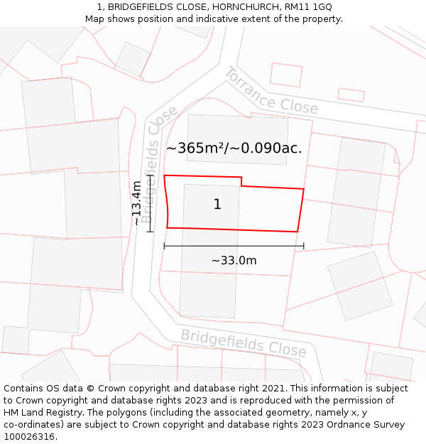 1, BRIDGEFIELDS CLOSE, HORNCHURCH, RM11 1GQ: Plot and title map