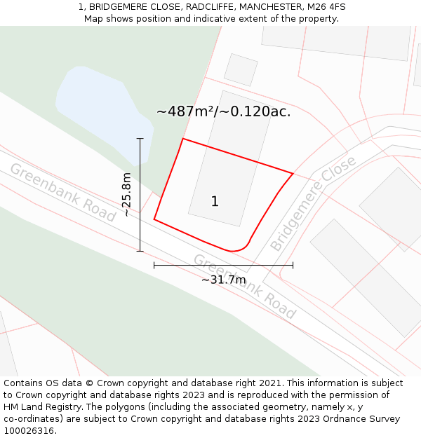 1, BRIDGEMERE CLOSE, RADCLIFFE, MANCHESTER, M26 4FS: Plot and title map