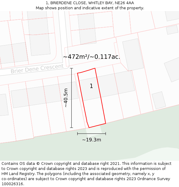 1, BRIERDENE CLOSE, WHITLEY BAY, NE26 4AA: Plot and title map