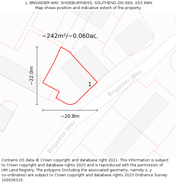 1, BRIGADIER WAY, SHOEBURYNESS, SOUTHEND-ON-SEA, SS3 9WN: Plot and title map