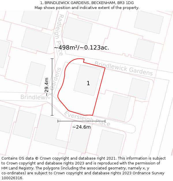 1, BRINDLEWICK GARDENS, BECKENHAM, BR3 1DG: Plot and title map