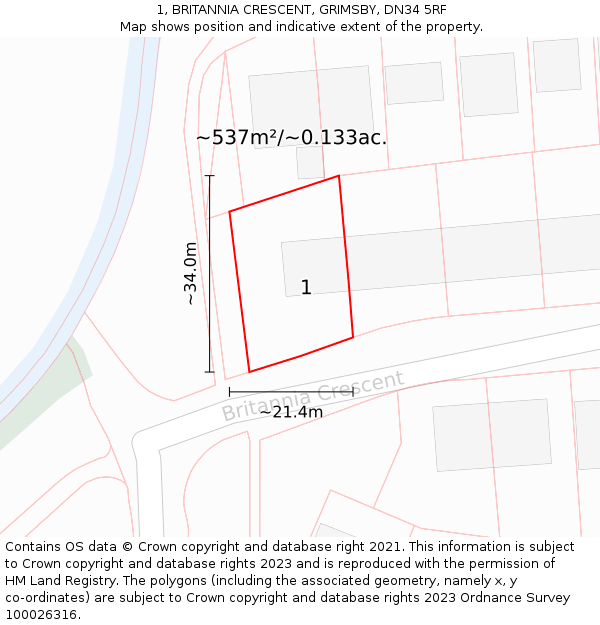 1, BRITANNIA CRESCENT, GRIMSBY, DN34 5RF: Plot and title map