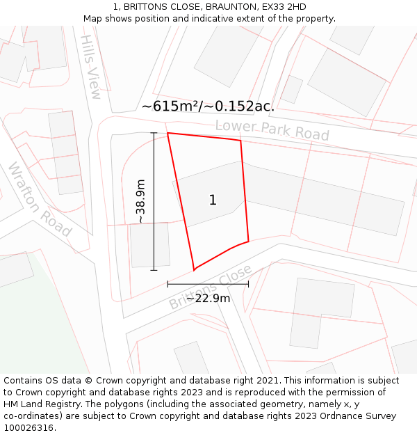 1, BRITTONS CLOSE, BRAUNTON, EX33 2HD: Plot and title map