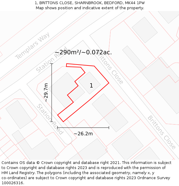 1, BRITTONS CLOSE, SHARNBROOK, BEDFORD, MK44 1PW: Plot and title map