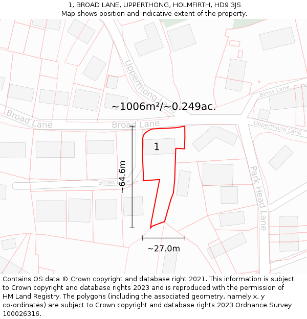 1, BROAD LANE, UPPERTHONG, HOLMFIRTH, HD9 3JS: Plot and title map