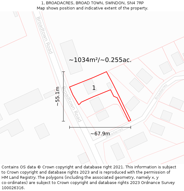 1, BROADACRES, BROAD TOWN, SWINDON, SN4 7RP: Plot and title map