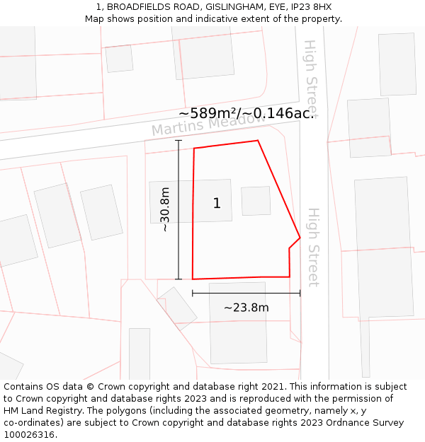 1, BROADFIELDS ROAD, GISLINGHAM, EYE, IP23 8HX: Plot and title map
