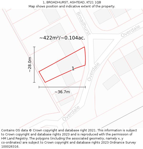 1, BROADHURST, ASHTEAD, KT21 1QB: Plot and title map