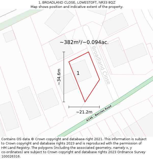 1, BROADLAND CLOSE, LOWESTOFT, NR33 8QZ: Plot and title map