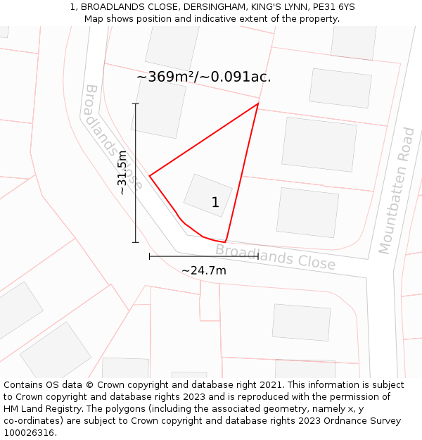 1, BROADLANDS CLOSE, DERSINGHAM, KING'S LYNN, PE31 6YS: Plot and title map