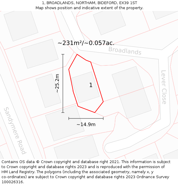 1, BROADLANDS, NORTHAM, BIDEFORD, EX39 1ST: Plot and title map