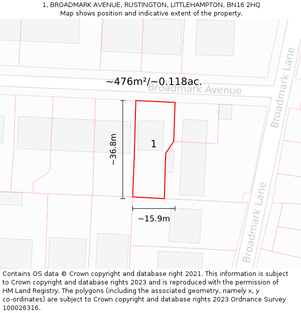 1, BROADMARK AVENUE, RUSTINGTON, LITTLEHAMPTON, BN16 2HQ: Plot and title map