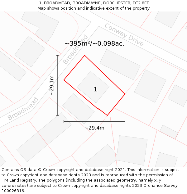 1, BROADMEAD, BROADMAYNE, DORCHESTER, DT2 8EE: Plot and title map
