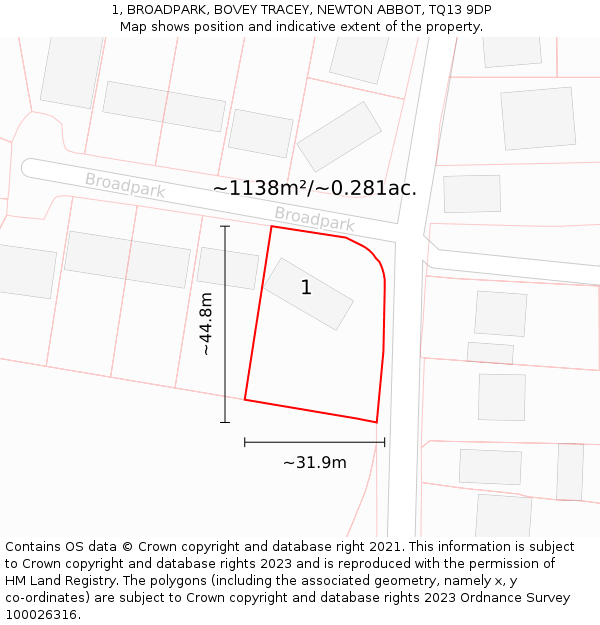 1, BROADPARK, BOVEY TRACEY, NEWTON ABBOT, TQ13 9DP: Plot and title map