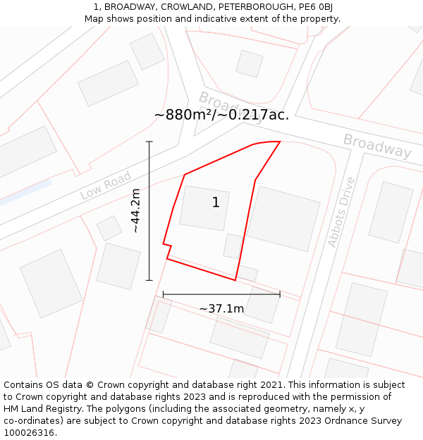 1, BROADWAY, CROWLAND, PETERBOROUGH, PE6 0BJ: Plot and title map