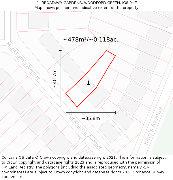 1, BROADWAY GARDENS, WOODFORD GREEN, IG8 0HE: Plot and title map