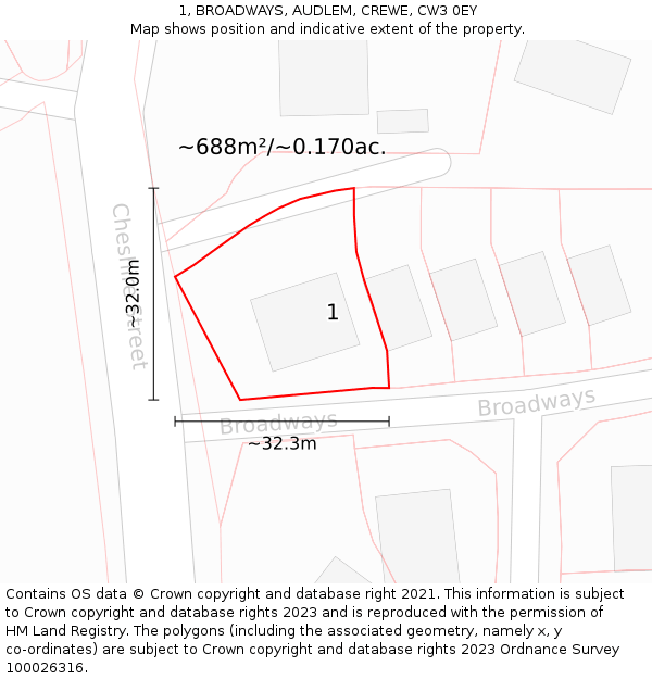 1, BROADWAYS, AUDLEM, CREWE, CW3 0EY: Plot and title map