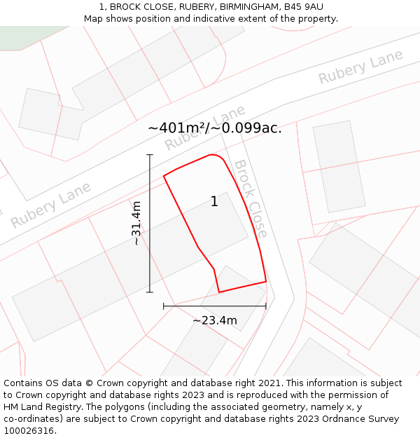1, BROCK CLOSE, RUBERY, BIRMINGHAM, B45 9AU: Plot and title map