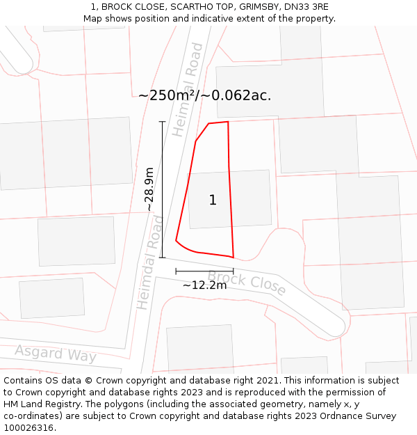 1, BROCK CLOSE, SCARTHO TOP, GRIMSBY, DN33 3RE: Plot and title map