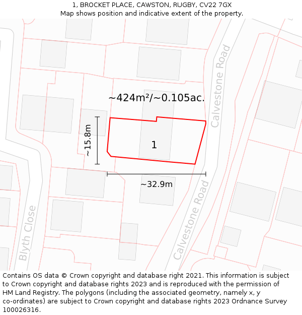 1, BROCKET PLACE, CAWSTON, RUGBY, CV22 7GX: Plot and title map