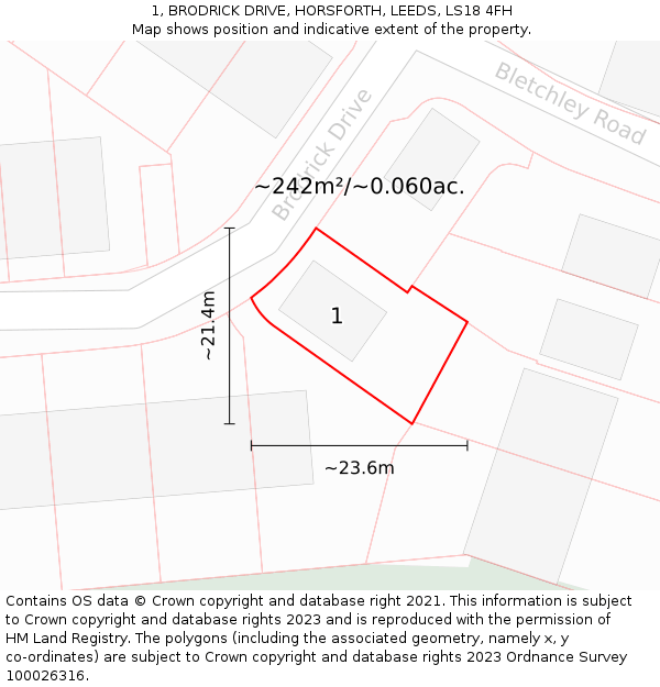 1, BRODRICK DRIVE, HORSFORTH, LEEDS, LS18 4FH: Plot and title map