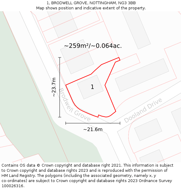 1, BRODWELL GROVE, NOTTINGHAM, NG3 3BB: Plot and title map
