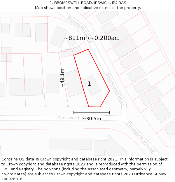 1, BROMESWELL ROAD, IPSWICH, IP4 3AS: Plot and title map