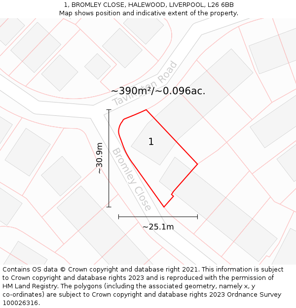 1, BROMLEY CLOSE, HALEWOOD, LIVERPOOL, L26 6BB: Plot and title map