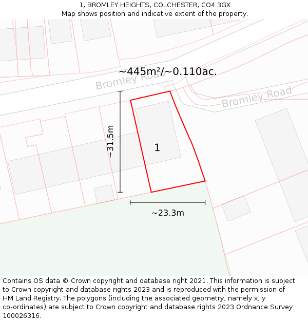 1, BROMLEY HEIGHTS, COLCHESTER, CO4 3GX: Plot and title map