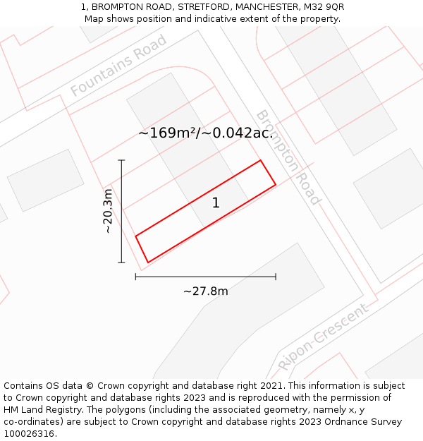 1, BROMPTON ROAD, STRETFORD, MANCHESTER, M32 9QR: Plot and title map
