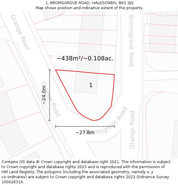 1, BROMSGROVE ROAD, HALESOWEN, B63 3JQ: Plot and title map
