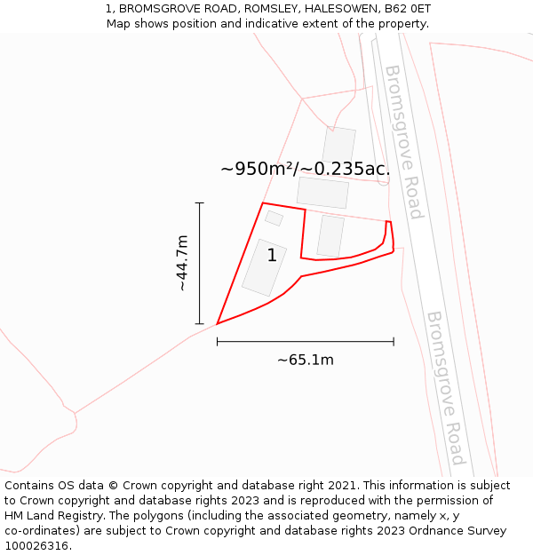 1, BROMSGROVE ROAD, ROMSLEY, HALESOWEN, B62 0ET: Plot and title map