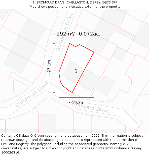 1, BROMYARD DRIVE, CHELLASTON, DERBY, DE73 6PF: Plot and title map