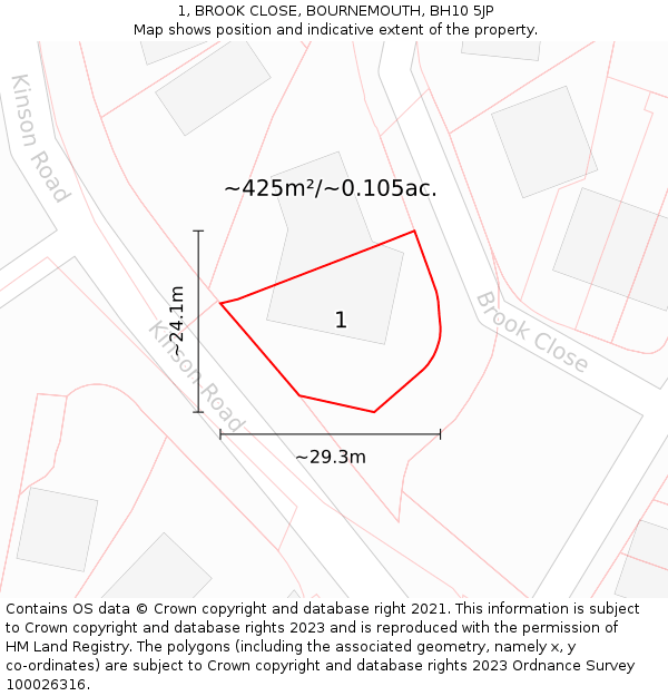 1, BROOK CLOSE, BOURNEMOUTH, BH10 5JP: Plot and title map