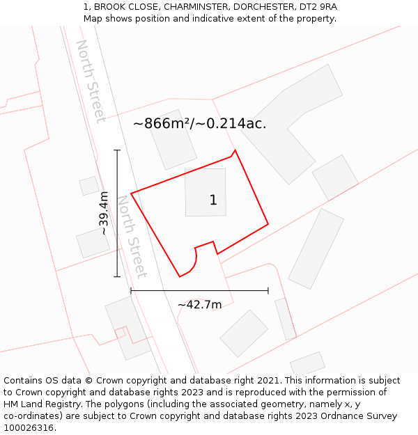 1, BROOK CLOSE, CHARMINSTER, DORCHESTER, DT2 9RA: Plot and title map