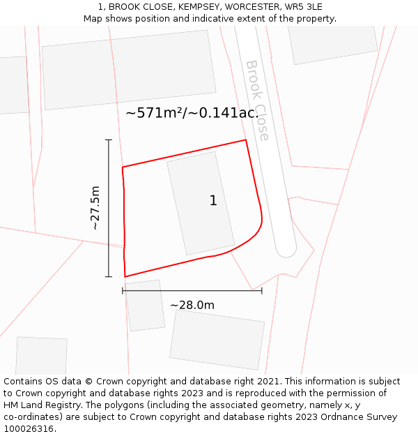 1, BROOK CLOSE, KEMPSEY, WORCESTER, WR5 3LE: Plot and title map