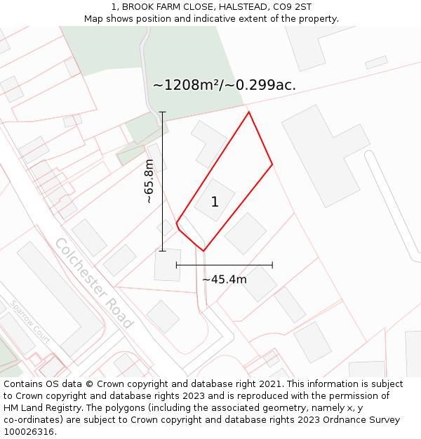 1, BROOK FARM CLOSE, HALSTEAD, CO9 2ST: Plot and title map