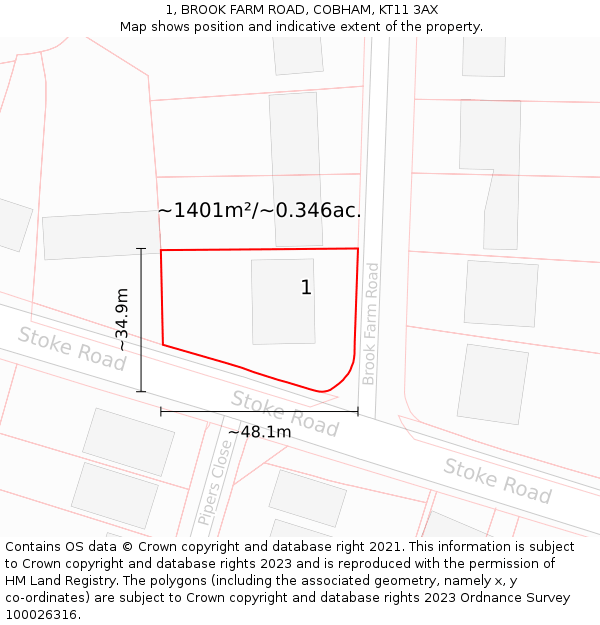 1, BROOK FARM ROAD, COBHAM, KT11 3AX: Plot and title map