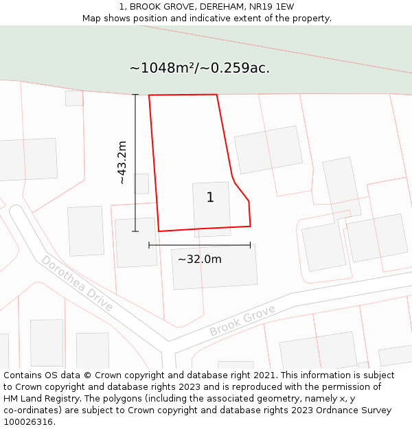 1, BROOK GROVE, DEREHAM, NR19 1EW: Plot and title map