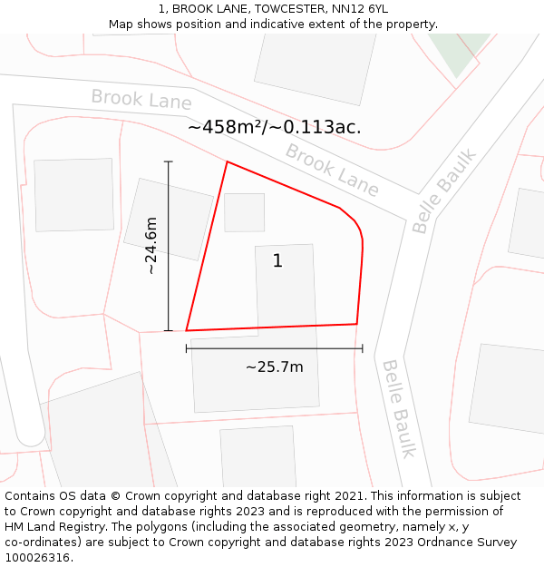 1, BROOK LANE, TOWCESTER, NN12 6YL: Plot and title map