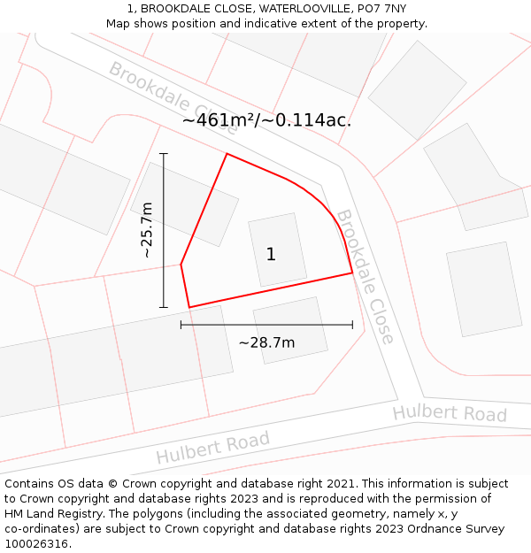 1, BROOKDALE CLOSE, WATERLOOVILLE, PO7 7NY: Plot and title map