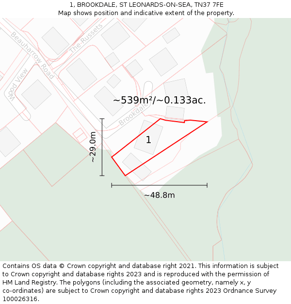1, BROOKDALE, ST LEONARDS-ON-SEA, TN37 7FE: Plot and title map
