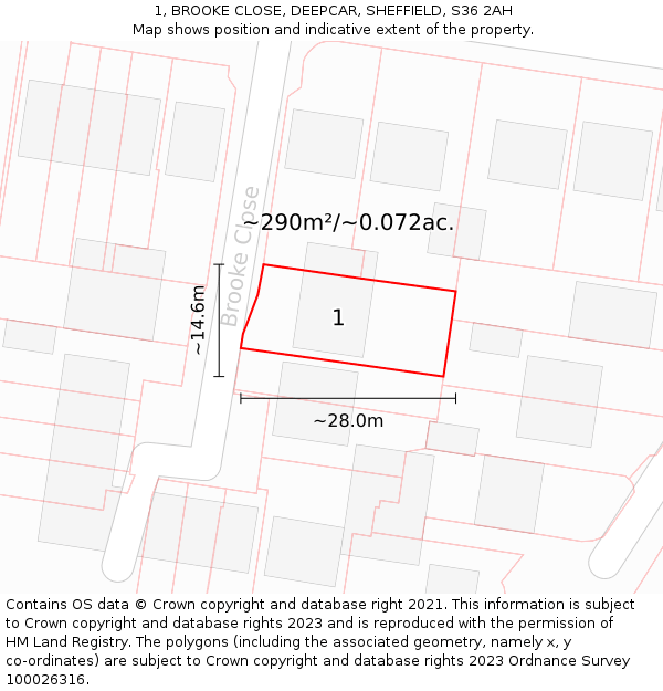 1, BROOKE CLOSE, DEEPCAR, SHEFFIELD, S36 2AH: Plot and title map