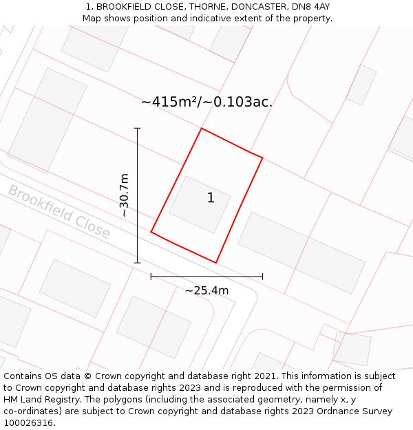 1, BROOKFIELD CLOSE, THORNE, DONCASTER, DN8 4AY: Plot and title map