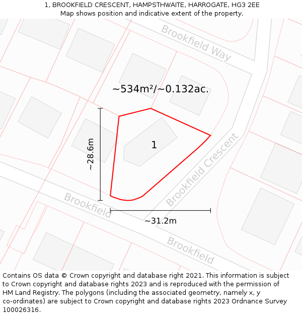 1, BROOKFIELD CRESCENT, HAMPSTHWAITE, HARROGATE, HG3 2EE: Plot and title map
