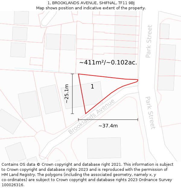 1, BROOKLANDS AVENUE, SHIFNAL, TF11 9BJ: Plot and title map